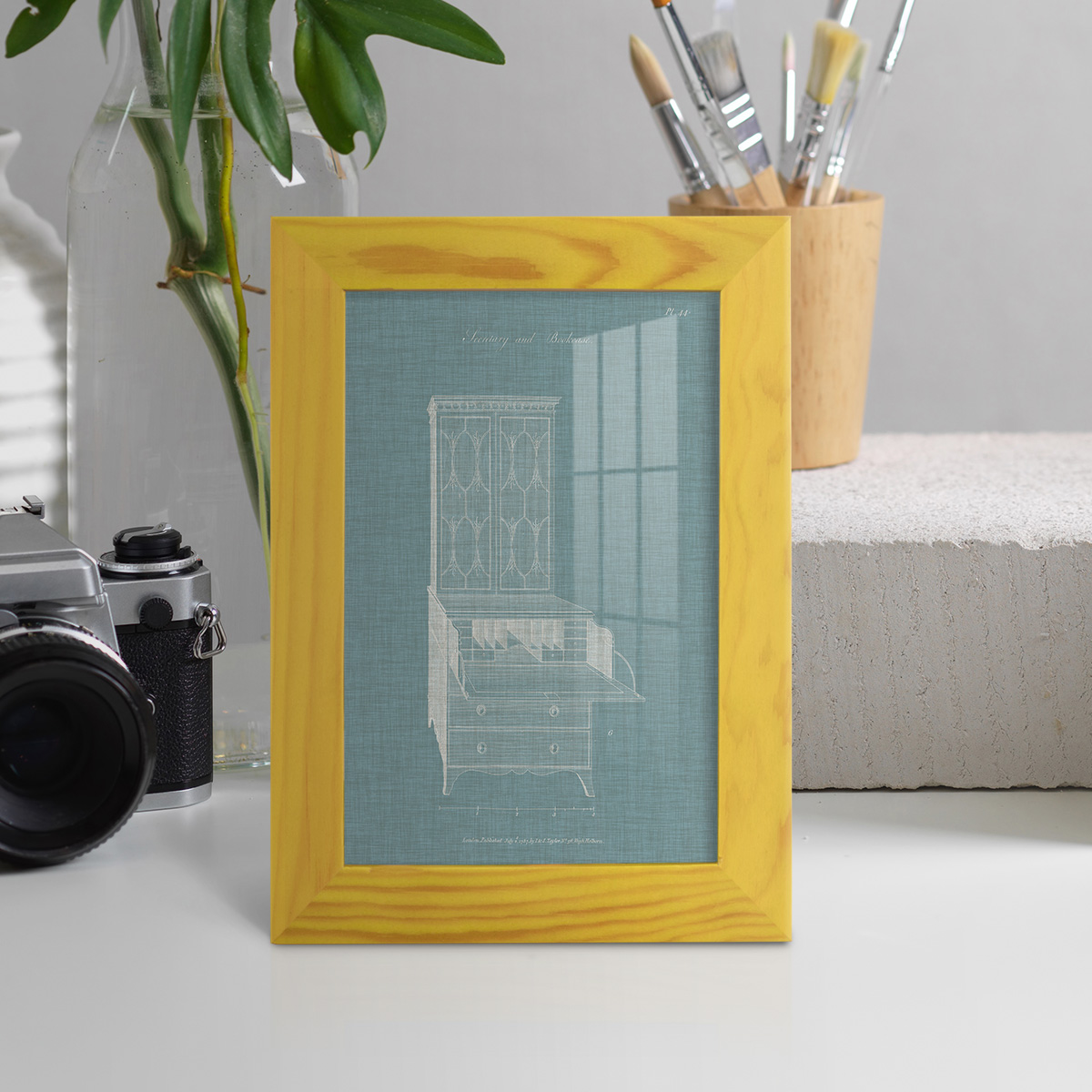 Hepplewhite Desk & Bookcase I - Framed Print w/glass - Sunflower Yellow