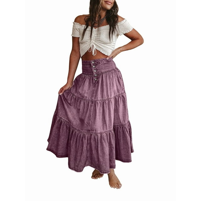 Women'S Bohemian Maxi Dress, Ruffled High Waist Flowy Tiered Ruffle A-Line Long Beach Dress M