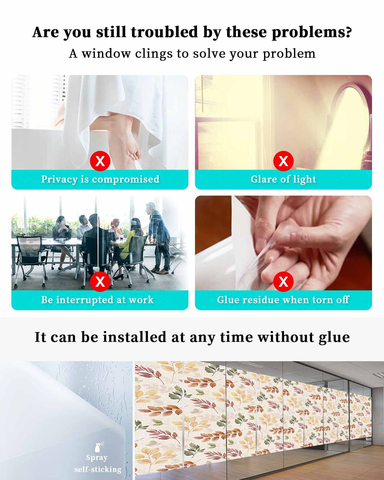 Window Privacy Film, Burnt Orange Yellow Eucalyptus UV Sun Blocking Window Tint Film Heat Control One Way Blackout Window Film, Fall Botanical Leaves Beige Non Adhesive Static Cling 29.5x78.7 In