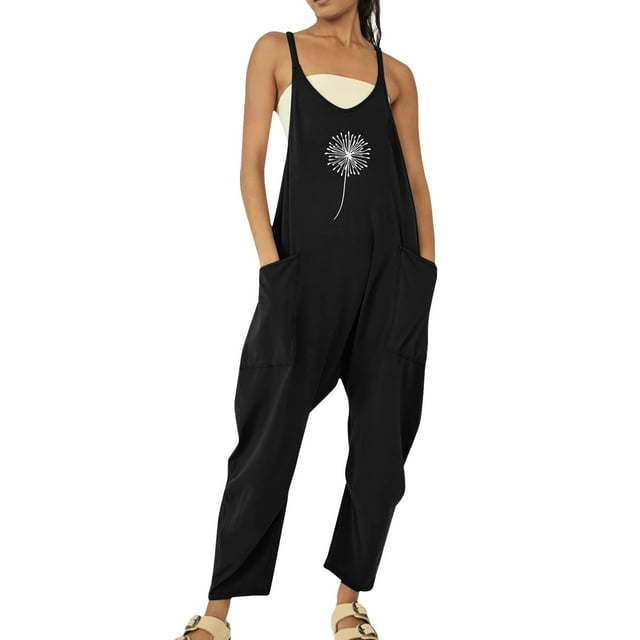 B91xZ Combinaisons Sans Manches Décontractées à Col en V pour Femmes Bretelles Spaghetti Réglables Pantalons Longs Harem Combinaisons avec Poches, Noir m