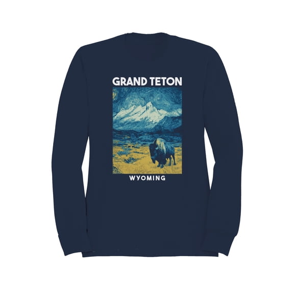 Night Grand Teton Bison Graphic Men's Navy Sweatshirt