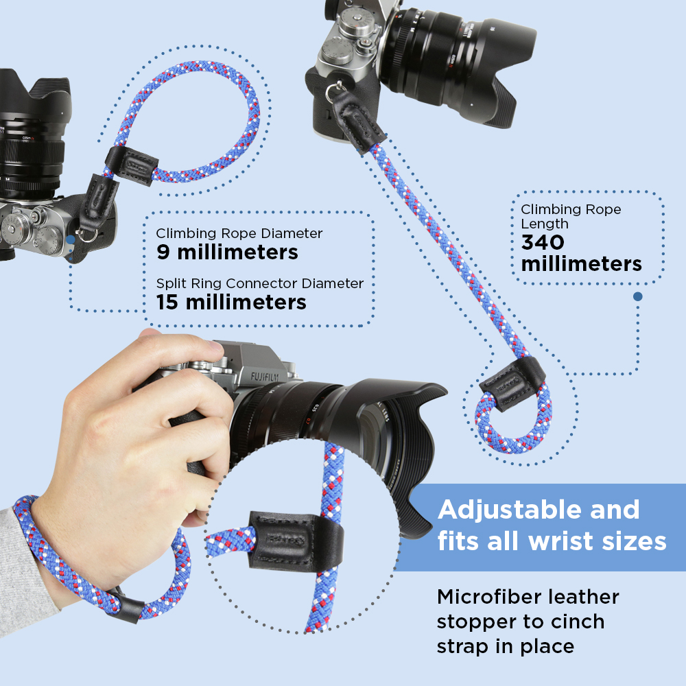 Foto&Tech Climbing Rope Camera Wrist Strap Quick Release Made in US Compatible with Sony A6600 A6500 A6400 A6000 A6300 A6100 A5100 A5000,RX1 R,RX1 R II,RX10,RX10 II,RX10 III,RX10 IV (34cm,Red/Blue/WT) - image 2 of 6