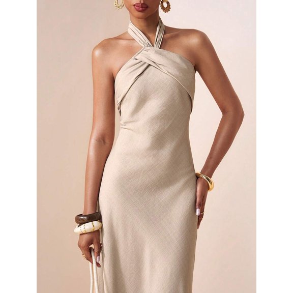 Womens Elegant Khaki Halter Neck Long Maxi Dress For Party