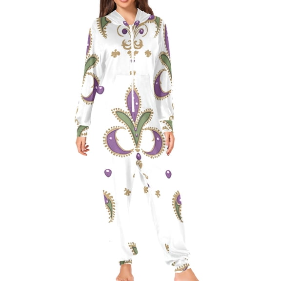 Gorgeous Mardi-gras Floral Patterns Adult's Hoodie Onesie Jumpsuit One-Piece Pajamas with Zipper Unisex for Holiday S