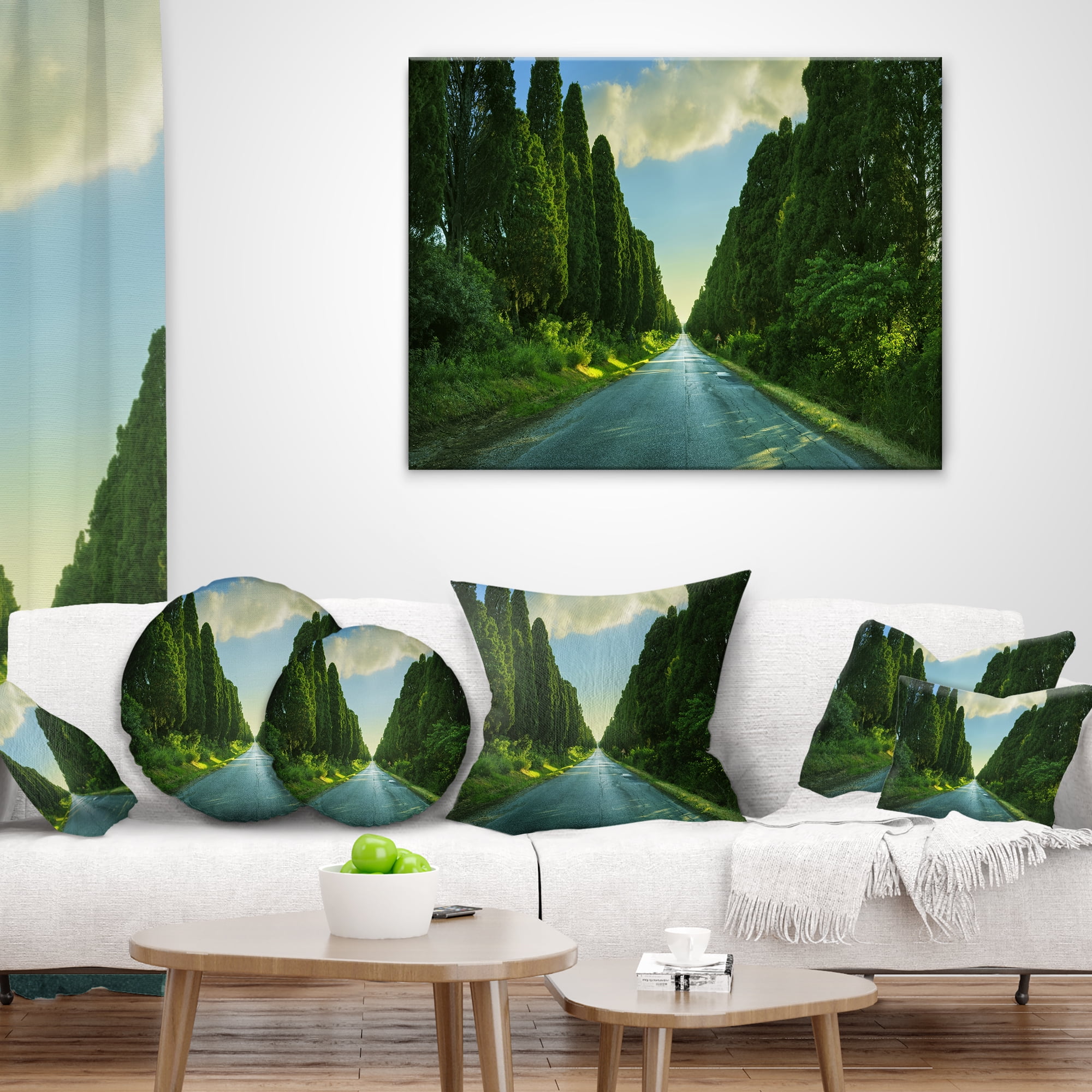 Designart Straight Cypress Trees Boulevard - Modern Landscape Printed Throw Pillow - 16x16