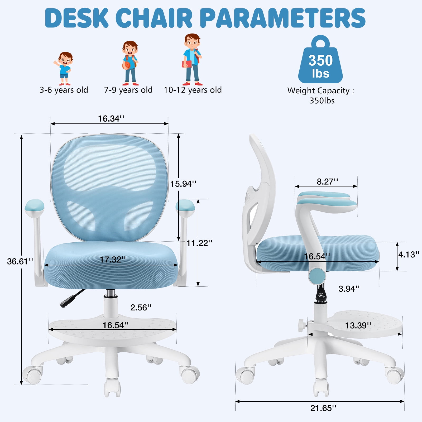 Hoffree Kids Desk Chair with Flipped Arms Wheels Ergonomic Study Chair with Footrest Adjustable Height Rolling Desk Chair for Teens Boys Girls in Study Room Blue