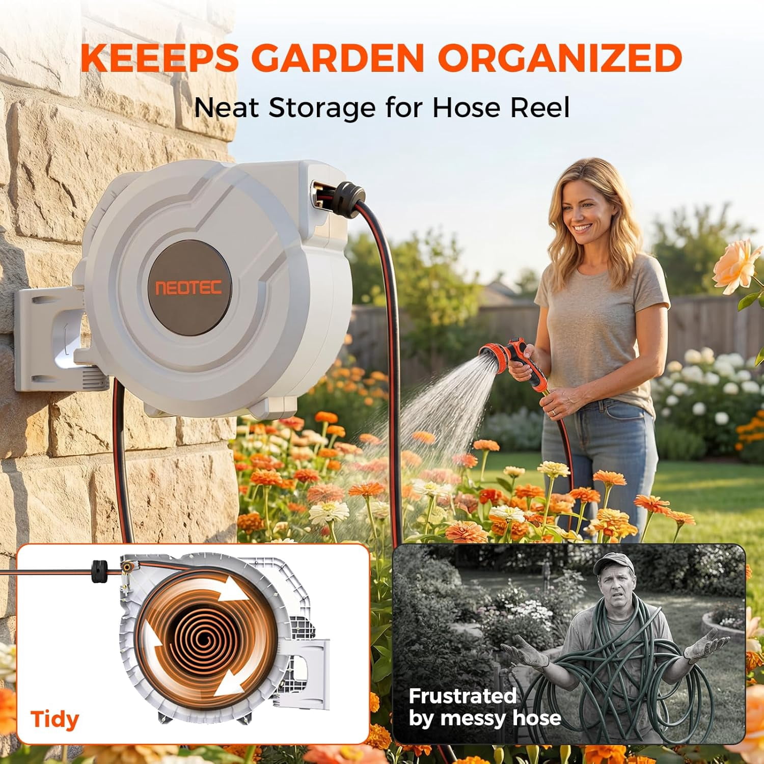130 ft x 1/2 inch White Retractable Garden Hose Reel,Wall Mounted Automatic Slow Return Hose Reel with Any Length Lock,9 Pattern Spray Nozzle,180°Swivel Bracket,Outdoor Hose Reel for Yard Watering