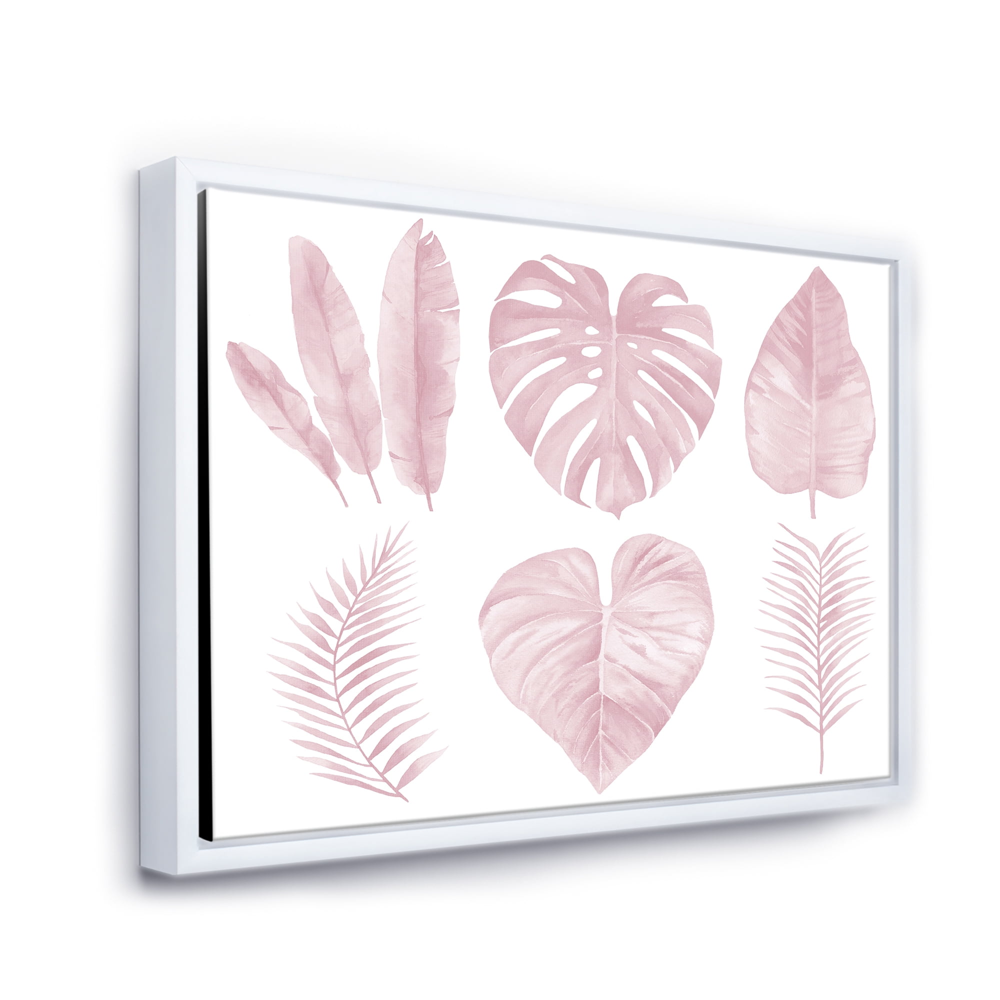Designart 'Tropical Pink Watercolour Leaves On White I' Shabby Chic Framed Canvas Wall Art Print