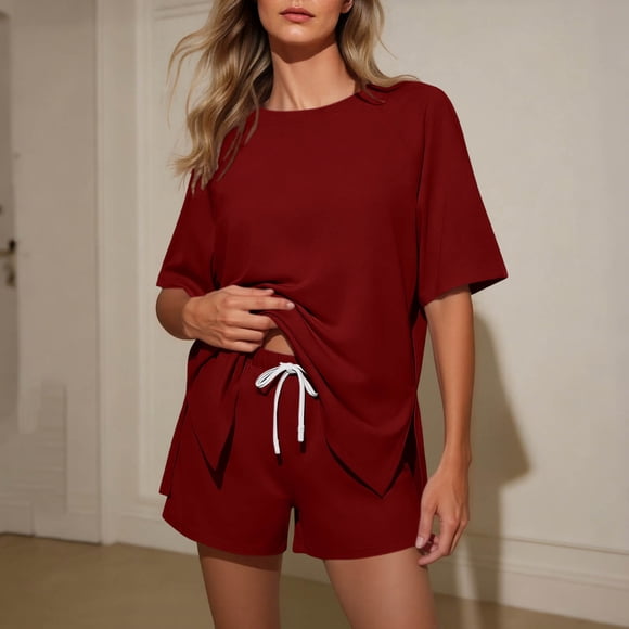 Elvqul Chandail à Enfiler pour Femmes et Shorts, Col Ras du Cou, Taille Élastique, Pyjama Léger Deux Pièces à Manches Courtes, Ensembles de Détente pour Adolescentes, Uni