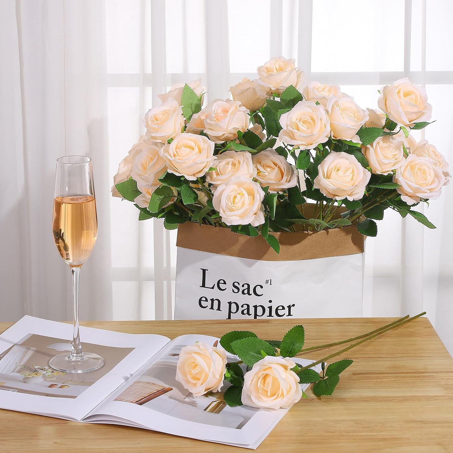 36 Pcs Champagne Artificial Roses with Long Stems, Fake Silk Rose Artificial Flowers Bulk for Bridal Wedding Bouquet Centerpiece Ball Arrangement Party Decor
