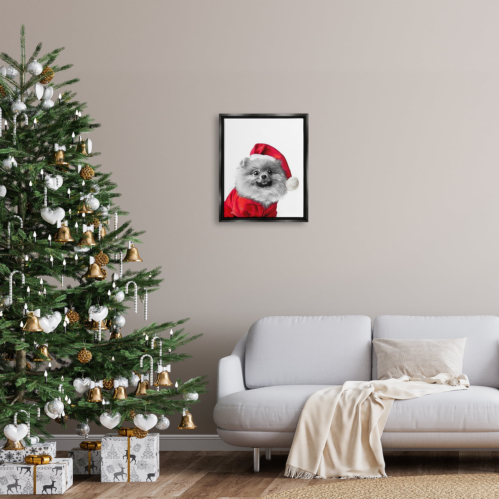 Stupell Industries Pomeranian in Santa Hat Holiday Painting Black Floater Framed Canvas Art Print Wall Art, 17 x 21