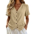 thumbnail image 2 of Yigetop Women's Cotton Linen Button down Shirts V Neck Short Sleeve Loose Fit Breathable Lightweight Solid Color Casual Daily Wear Comfy Summer Tops Khaki XL, 2 of 4