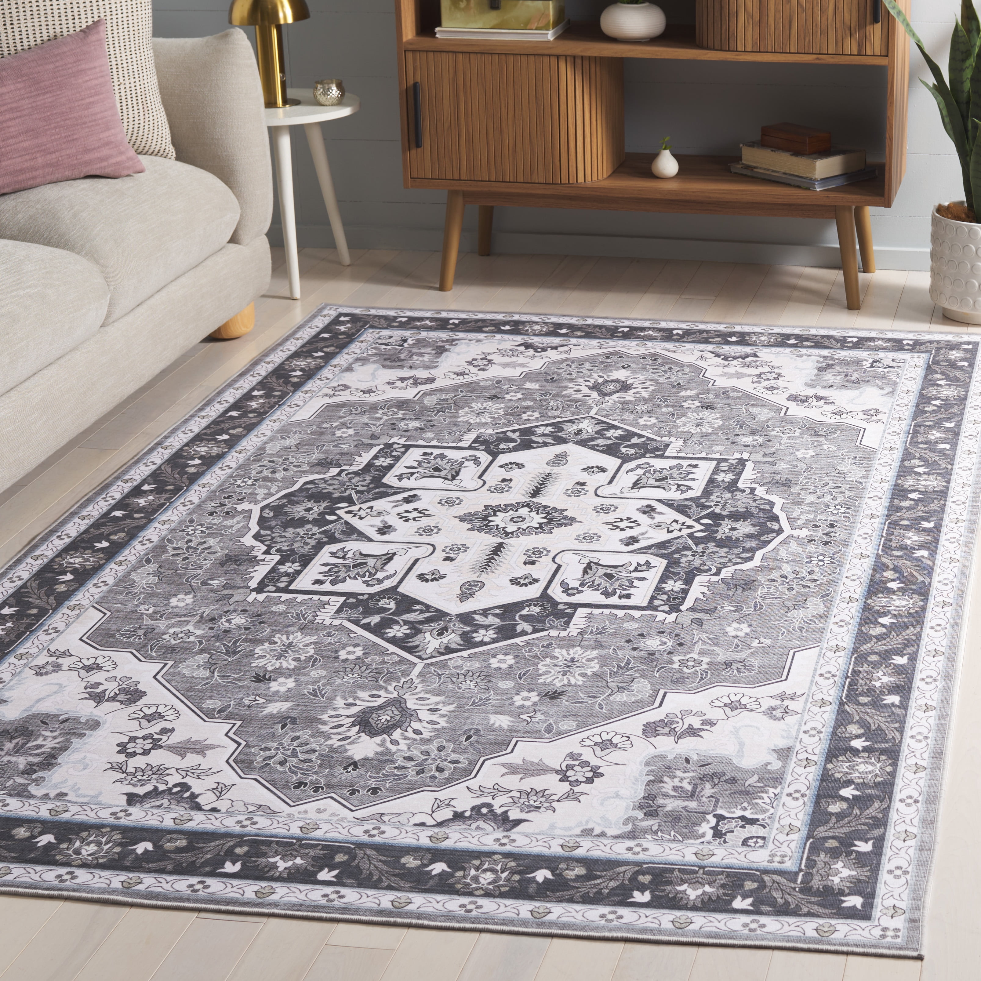 SAFAVIEH Tucson Luvina Oriental Machine Washable Area Rug, Olive/Ivory, 4' x 6'