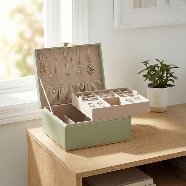 SONGMICS Caja Joyero, Estuche de Joyas con 2 Capas, con Asa, Bandeja Flexible, 20.5 x 24 x 11 cm, Verde Laurel