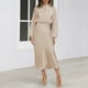 thumbnail image 4 of Vestido de cuello alto fiesta de noche ahuecado traje de trabajo de oficina para mujer (L) Beige Ygjytge Beige T L, 4 of 7