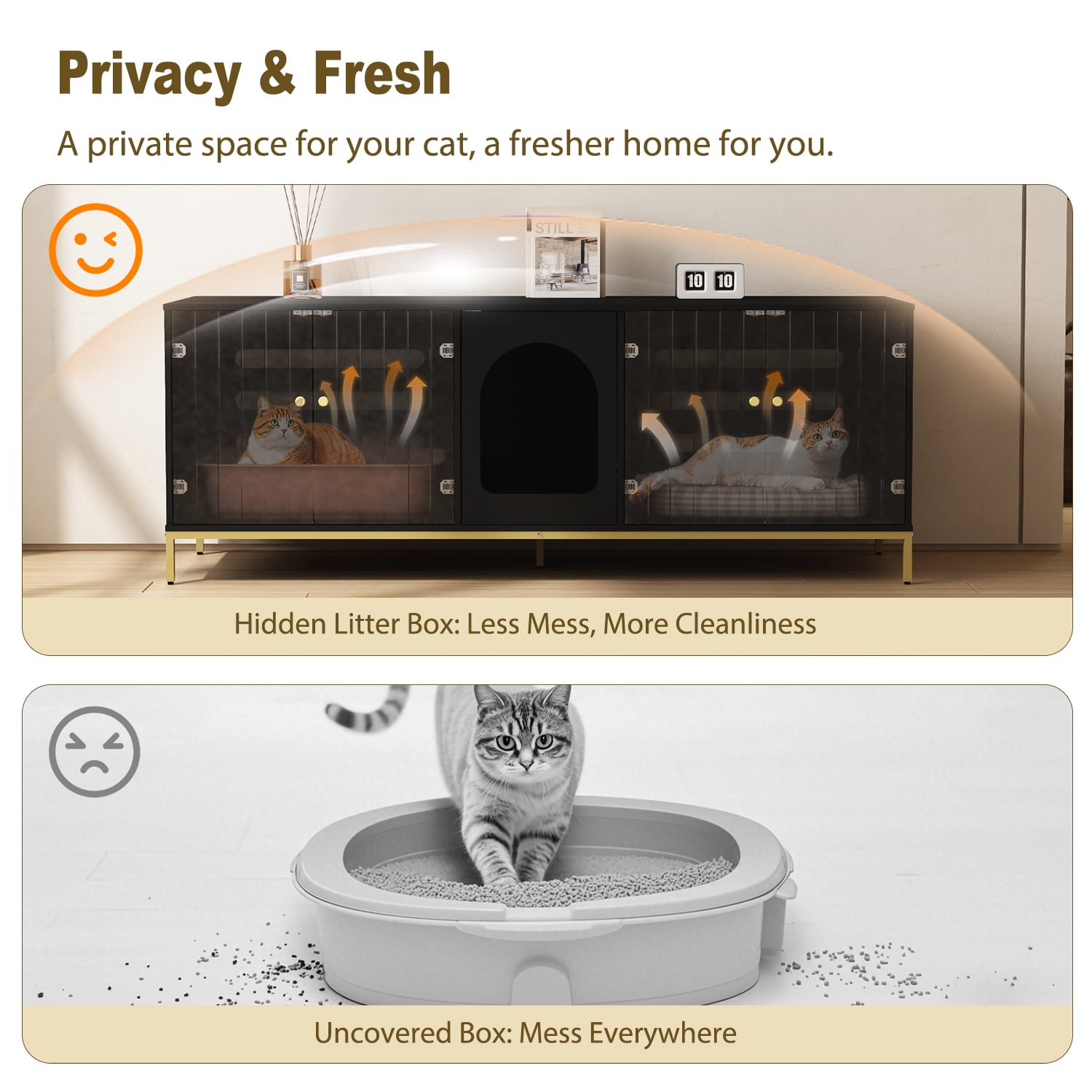 Cat Litter Box Enclosure for 2 Cats, Litter Box Furniture with Double Room, Central Entry, and Dual Use as TV Stand for Living Room, Black (Elevated Version)