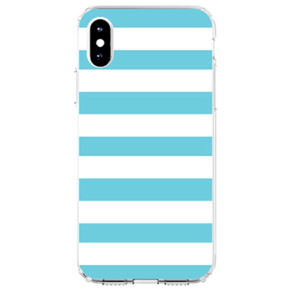DistinctInk Clear Shockproof Hybrid Case for iPhone XR (6.1" Screen) - TPU Bumper, Acrylic Back, Tempered Glass Screen Protector - Blue & White Bold Horizontal Stripes