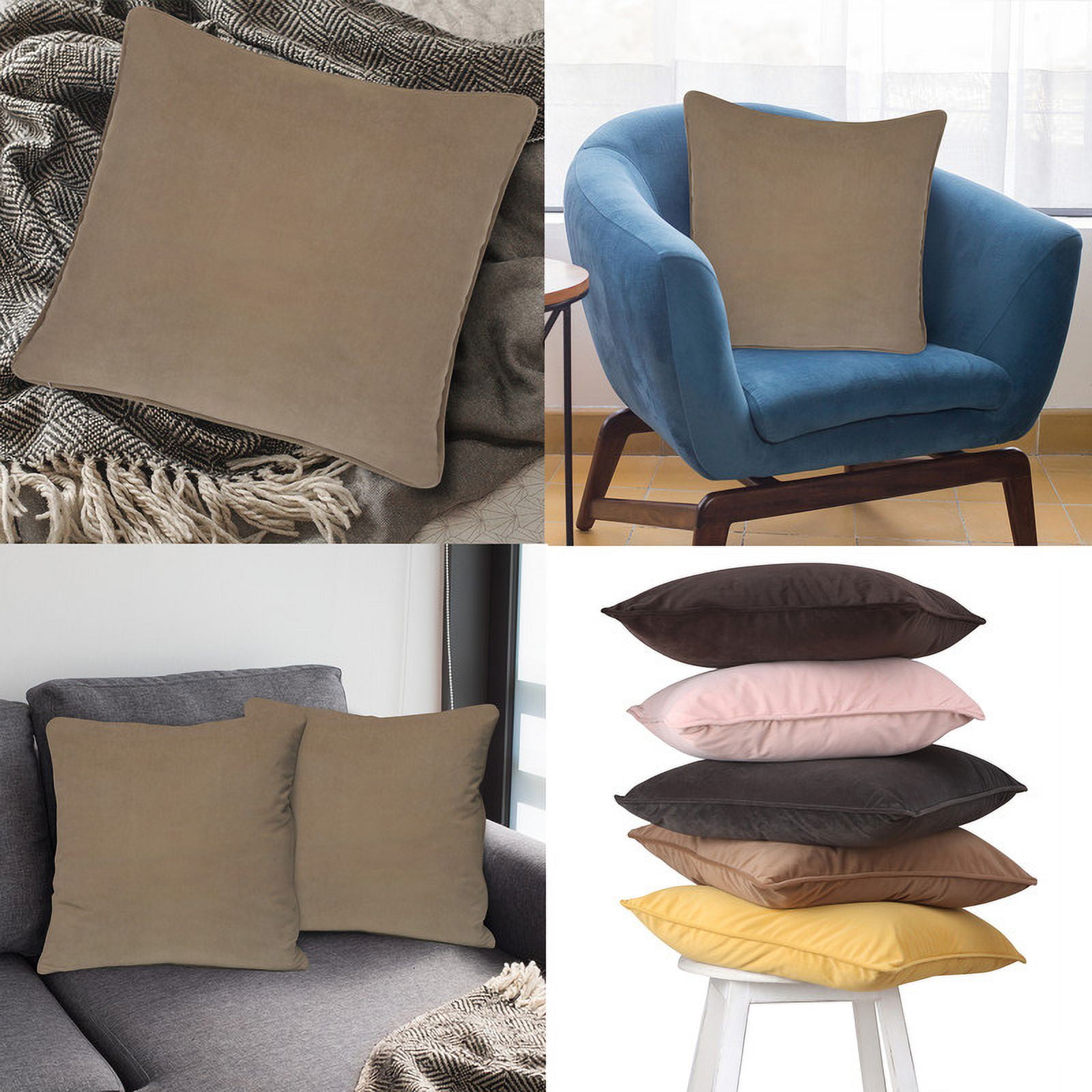 A1HC Set of 2 Luxurious Soft Velvet Throw Pillow Covers Only, 24"x24", Tan, Decorative Cushion Covers with Hidden YKK Zipper for Sofa or Bed