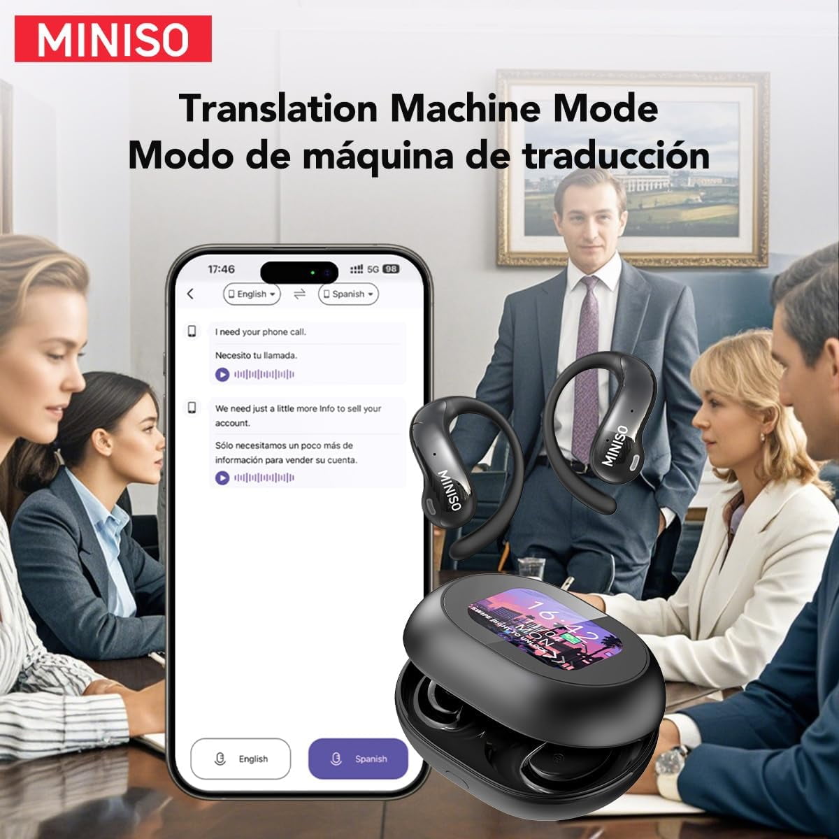 MINISO MS188 Earbuds Wireless Bluetooth 5.4 Earpphones AI Translation Earbuds Real Time Supports 135 languages with LCD Touch Screen