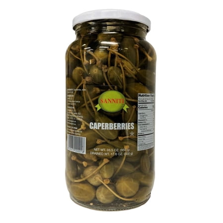 Sanniti Spanish Caperberries in Vinegar and Salt Brine, Pickled Gourmet Condiment, 33.5 oz