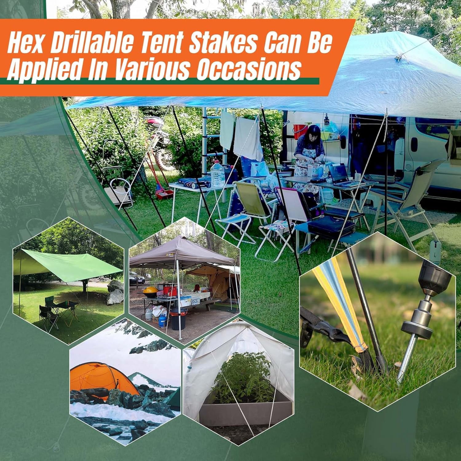 15 Pcs 12 Inch Hex Drillable Tent Stakes Heavy Duty Metal Ground Pegs with Storage Bag for Camping Awnings