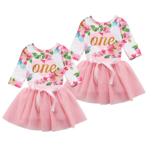 Baby Girl Clothes 1st Birthday Outfit Tutu Dress Floral Romper Top Lace Skirt Set 2Pcs 