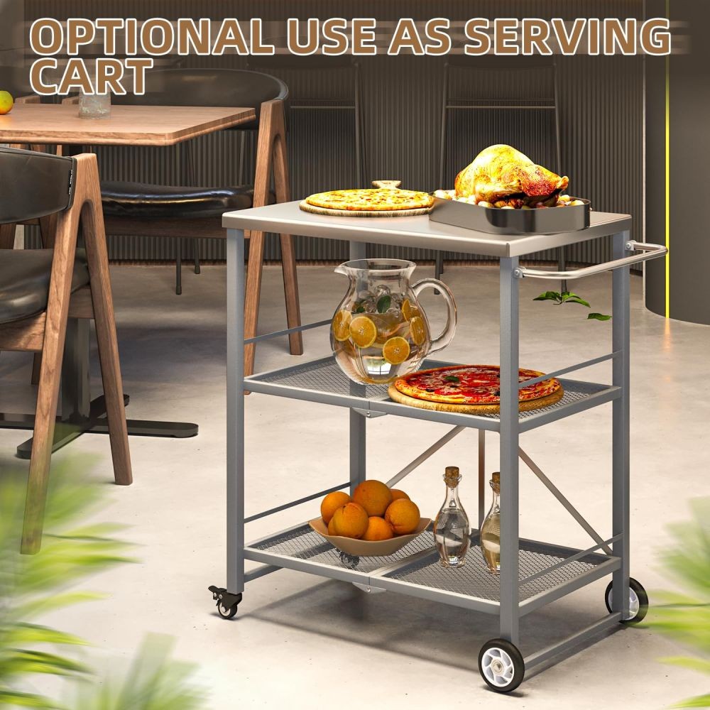 LYYHTY Stainless steel 3-layer folding barbecue preparation table with wheels, outdoor BBQ storage table, courtyard camping portable grill side table, outdoor Grill TableGray