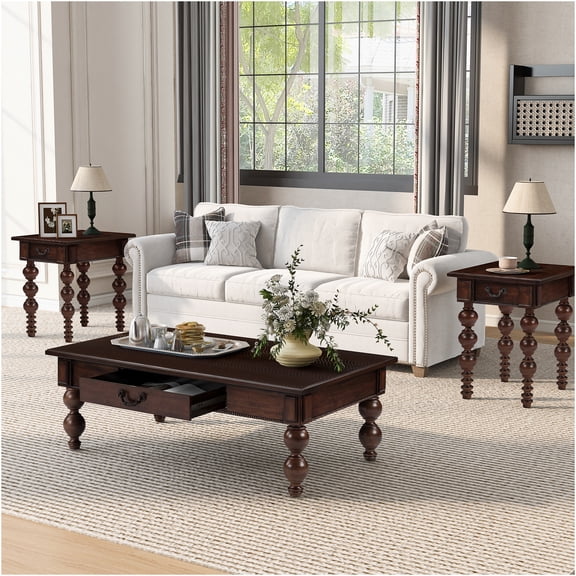 JERFIT 3-Piece Vintage Coffee Table Set with Drawers, Espresso Rubber Wood Sofa Table & End Tables for Living Room, Farmhouse Style