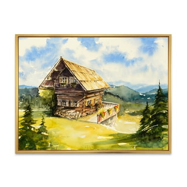Designart 'Old Cottage At Summer With Peaceful Landscape' Traditional Framed Canvas Wall Art Print