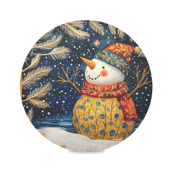 Round Plate Mat 15.4x15.4 Inchesx1 Placemat Table Mat Kitchen Mat Coffee Mat Fabric Thick, Strong Wear-Resistant, Heat Resistance Yellow Christmas Snowman