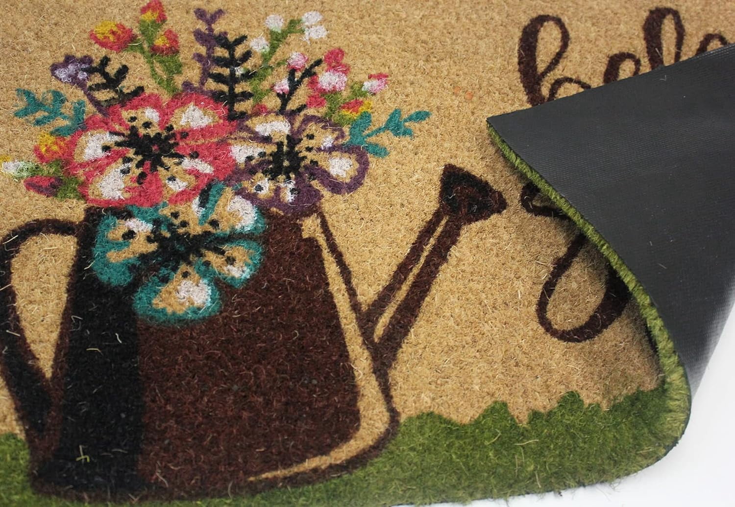 Kashi Home Printed Coir Fiber 18x28 Non-Slip Doormat, Durable Outdoor / Indoor Rug, Entryway, Front Door, Porch, Patio, Welcome Mat, Hello Spring, Floral Americana Decor (Hello Spring Watering Can)