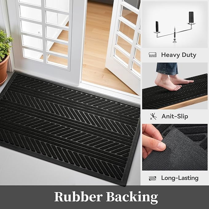 FEELHOME Outdoor Mat 17"x30" Non Slip Front Door Mat Outside Absorbent Rubber Welcome Mat Low Profile Dirt Trapper Indoor Outdoor Doormat Boho Geometric Door Mat Outside Thick Entryway Rug Black