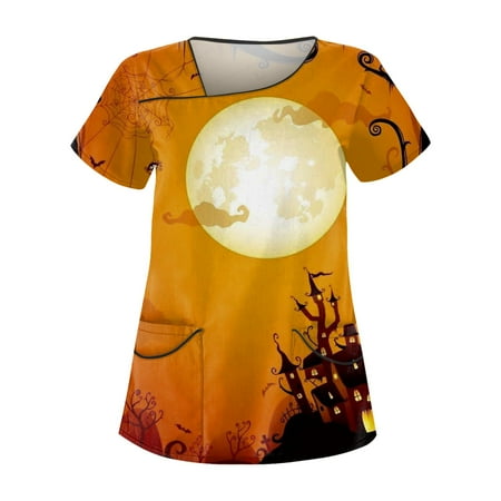 

Bazyrey Halloween Scrub Tops Women Casual Halloween Printed Short Sleeve Workwear With Double Pocket Top Orange 2XL