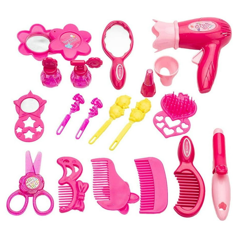 Little Girl Makeup Kit Pretend Play Hair Station with Case Kids Beauty  Salon Set Toys, Hairdryer, Brush,Mirror & Styling(17pcs) Toy for little girl  1 2 3 4 Years Old 