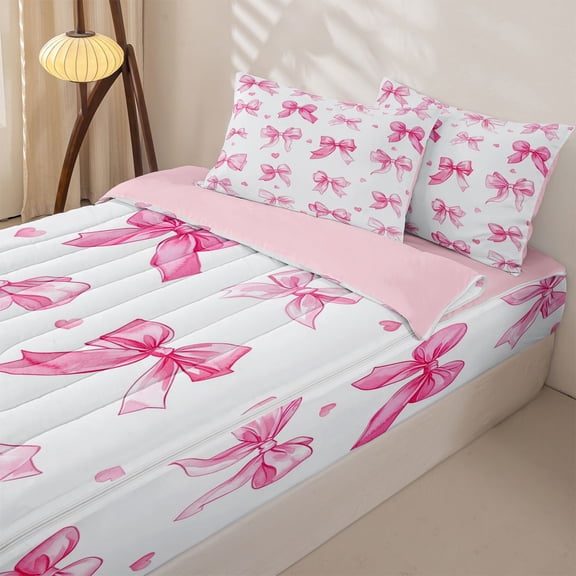 Homewish Bowknot Love Heart Zipper Full Size Comforter Sets with Fitted Sheet and 2 Pillowcases for Girls, Pink Watercolor Zipper Bedding Set, Pink Reversible, 4 Pieces