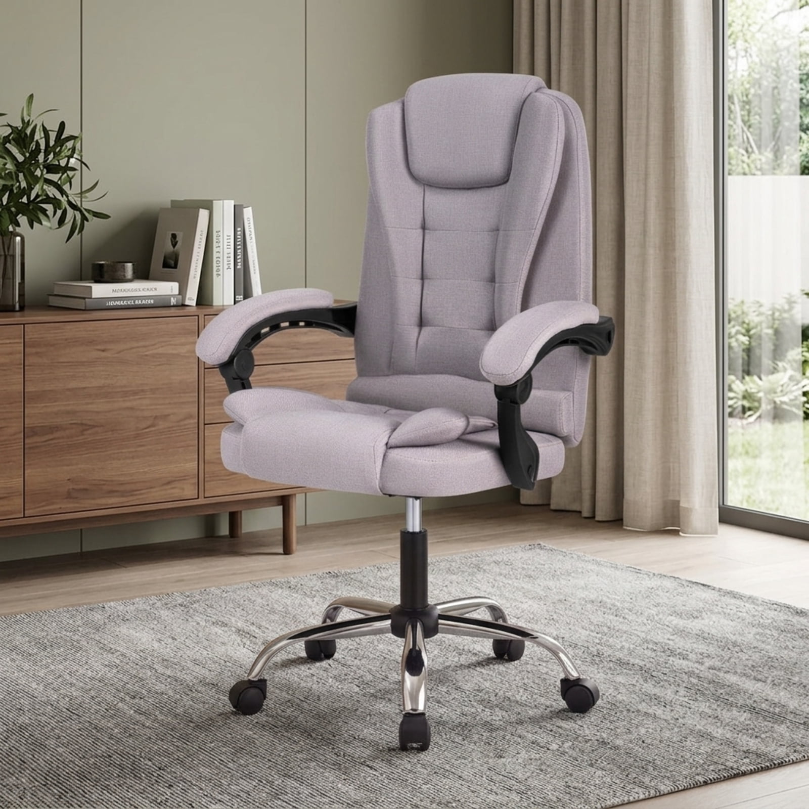 Furnibear High Back Executive Office Chair with Linkage Armrests Adjustable Recline Linen Fabric Seat and Swivel Five Point Base for Home Office, Gray