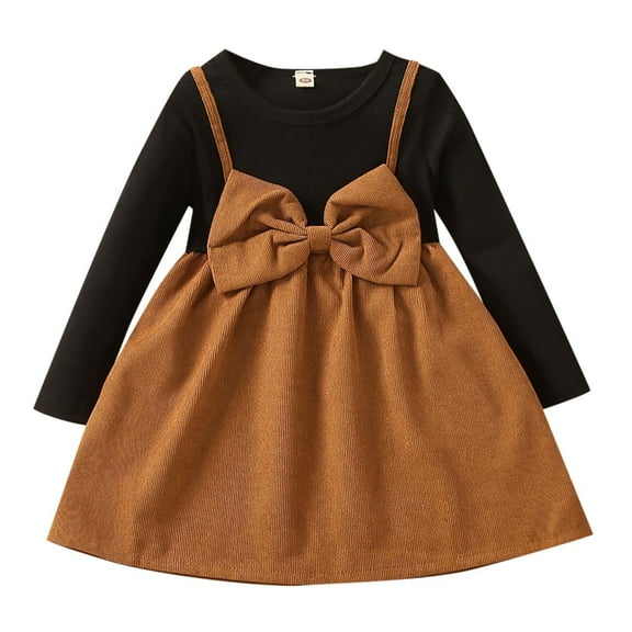 Baby Girl Dress Long Sleeve Toddler Suspender Dress With Bowknot for Fall Winter Pleated Style