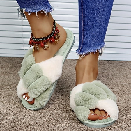 

PIKADINGNIS BEVERGREEN Winter Women House Slippers Faux Fur Warm Flat Shoes Female Slip on Home Furry Ladies Slides Plus Size Wholesale