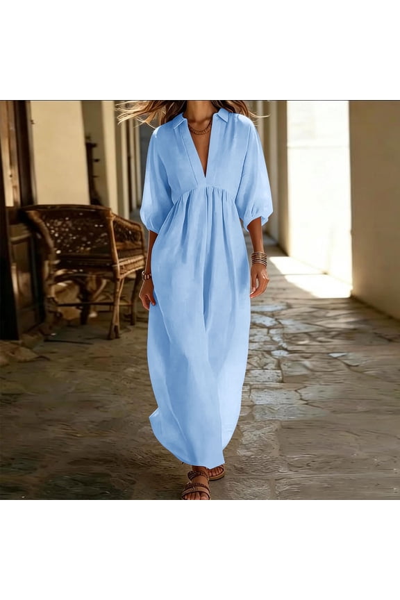 Women Summer Plus Size Maxi Dresses 3/4 Sleeve Collared Solid Casual Flowy Beach Vacation Long Dresses Loose Fit Swing Sundresses Graduation Outfits, Light Blue 3XL
