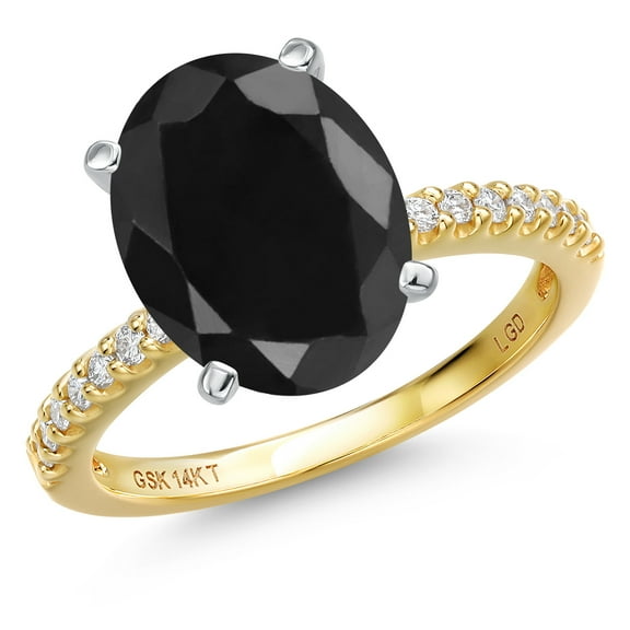 Gem Stone King 14K Two Tone Gold Black Sapphire and Lab Grown Diamond Engagement Ring for Women | 6.16 Cttw | Oval 12X10MM | Gemstone September Birthstone | Size 6