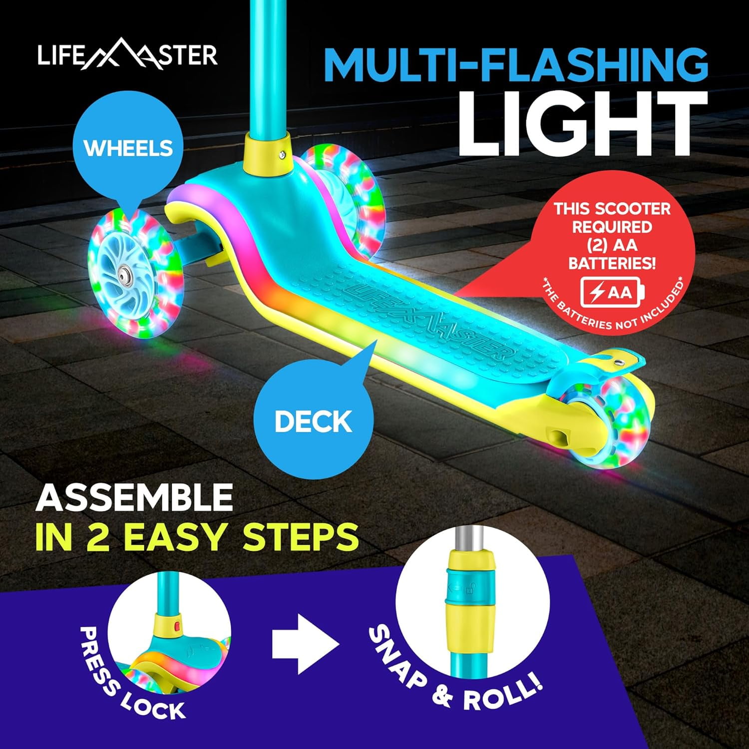 Lifemaster 3-Wheel Kids Scooter with Multi-Color Lights on Deck & Wheels – 5-Height Handlebar, Wide Anti-Slip Deck, Child Safety Certified, Boys & Girls Ages 3+ Supports Up to 150 lbs, Aqua Yellow