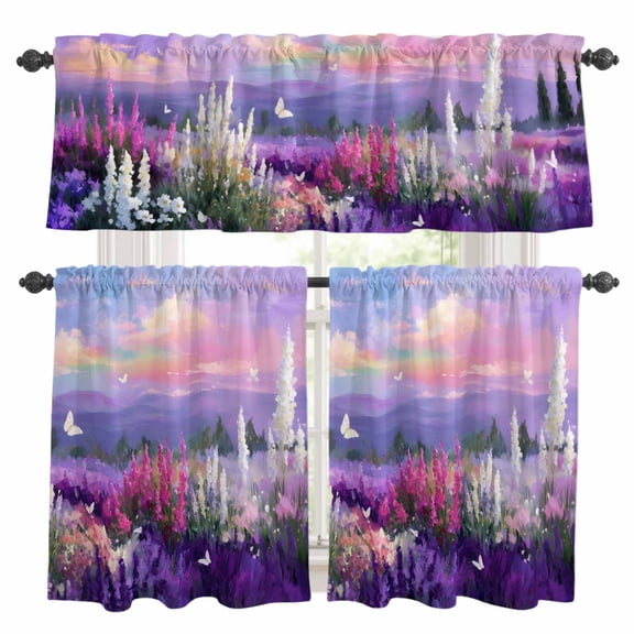 Purple Lavender Kitchen Curtains Sets for Windows 36 Inch Length, Spring Country Oil Painting Butterfly Flower Rod Pocket Window Treatments Tier Curtains and Valances Set for Bedroom/Bathroom