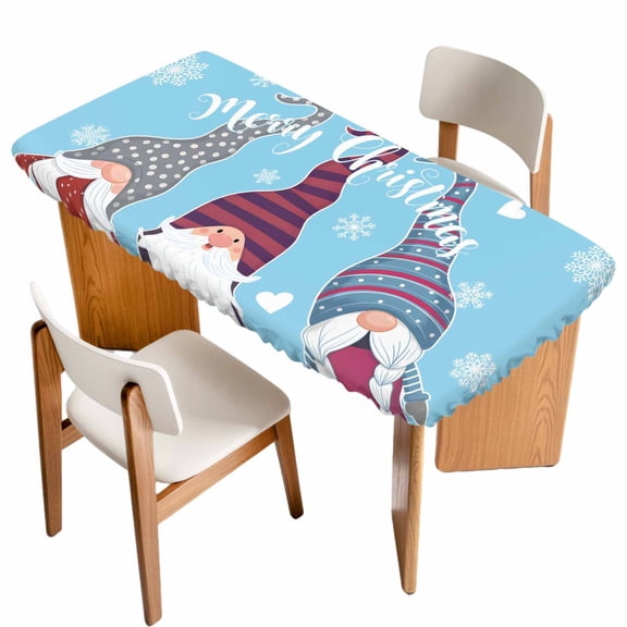 Christmas Blue Table Cloths for 3 Foot Rectangle Tables, Cute Gnomes Xmas Winter Snowflakes Patio Waterproof Elastic Fitted Tablecloths, Washable Rectangular Table Cover for Camping