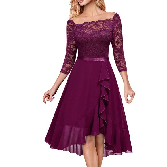 bbymog Women Dresses Wedding Guest Dresses for Women 3/4 Sleeve Lace Ruffle Midi Dress Party Evening Prom Gown Dresses for Women Purple L