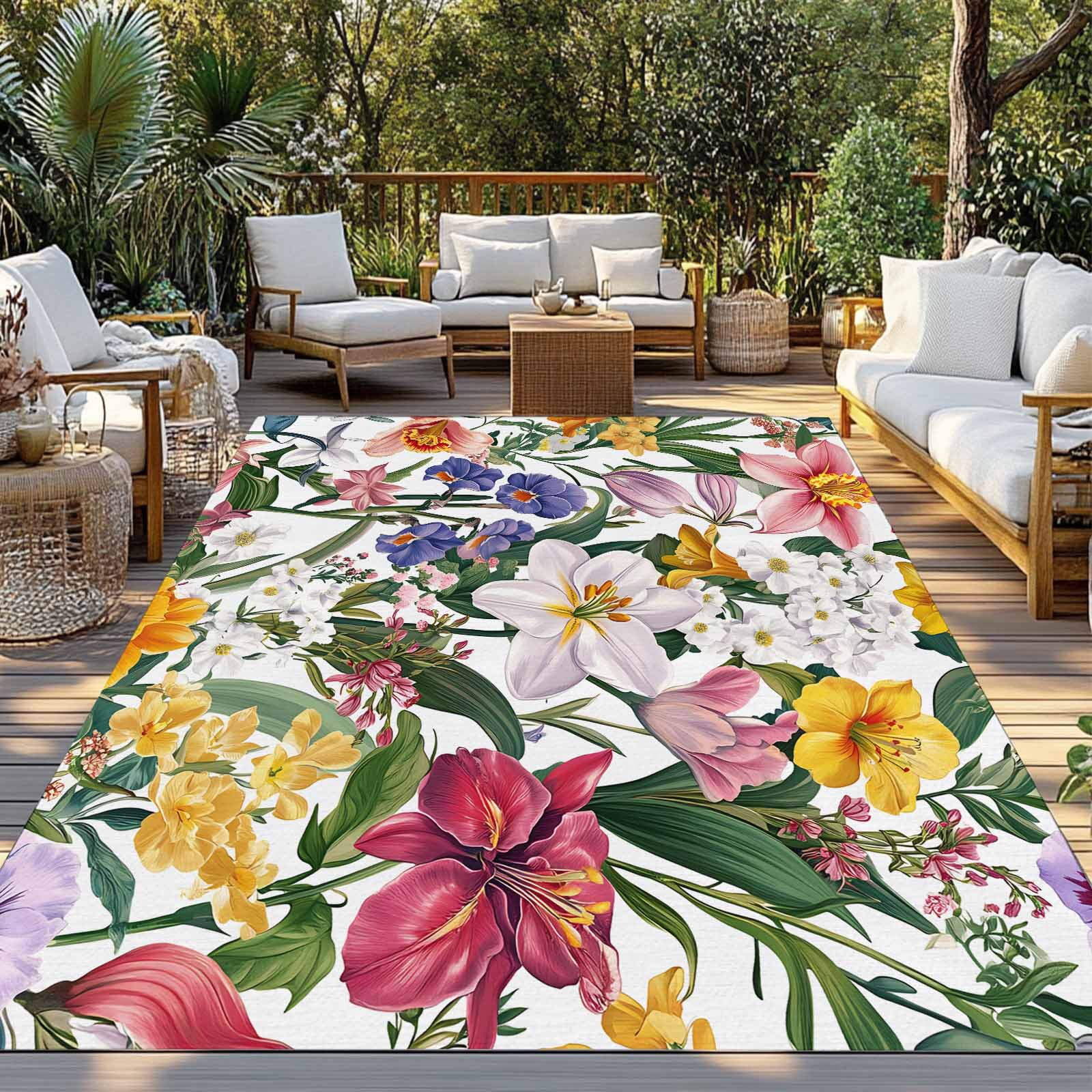 Fsddascl Vibrant Tropical Floral Outdoor Rug for Patio/Deck/Porch, Non-Slip Large Area Rug 4 x 6 Ft, Leafy Greenery Multicolored Botanical Indoor Outdoor Rugs Washable Area Rugs, Camping Rug Carpet