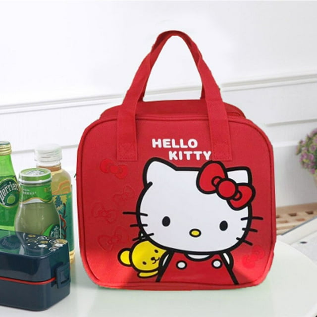 hello kitty-fiambrera portátil para niños, bolsa de mano de lona de dibujos animados, impermeable, para la escuela primaria Bolsa térmica rectangular de lona rojo brillante, vista frontal centrada con asas superiores; gran estampado de Hello Kitty y texto HELLO KITTY, lazo rojo y personaje amarillo, cremallera superior y costuras visibles. Ideal para llevar la lonchera a la escuela primaria.