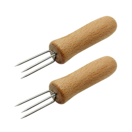 

2Pcs Durable Stainless Steel Fruit BBQ Forks Corn Forks with Wood Handle