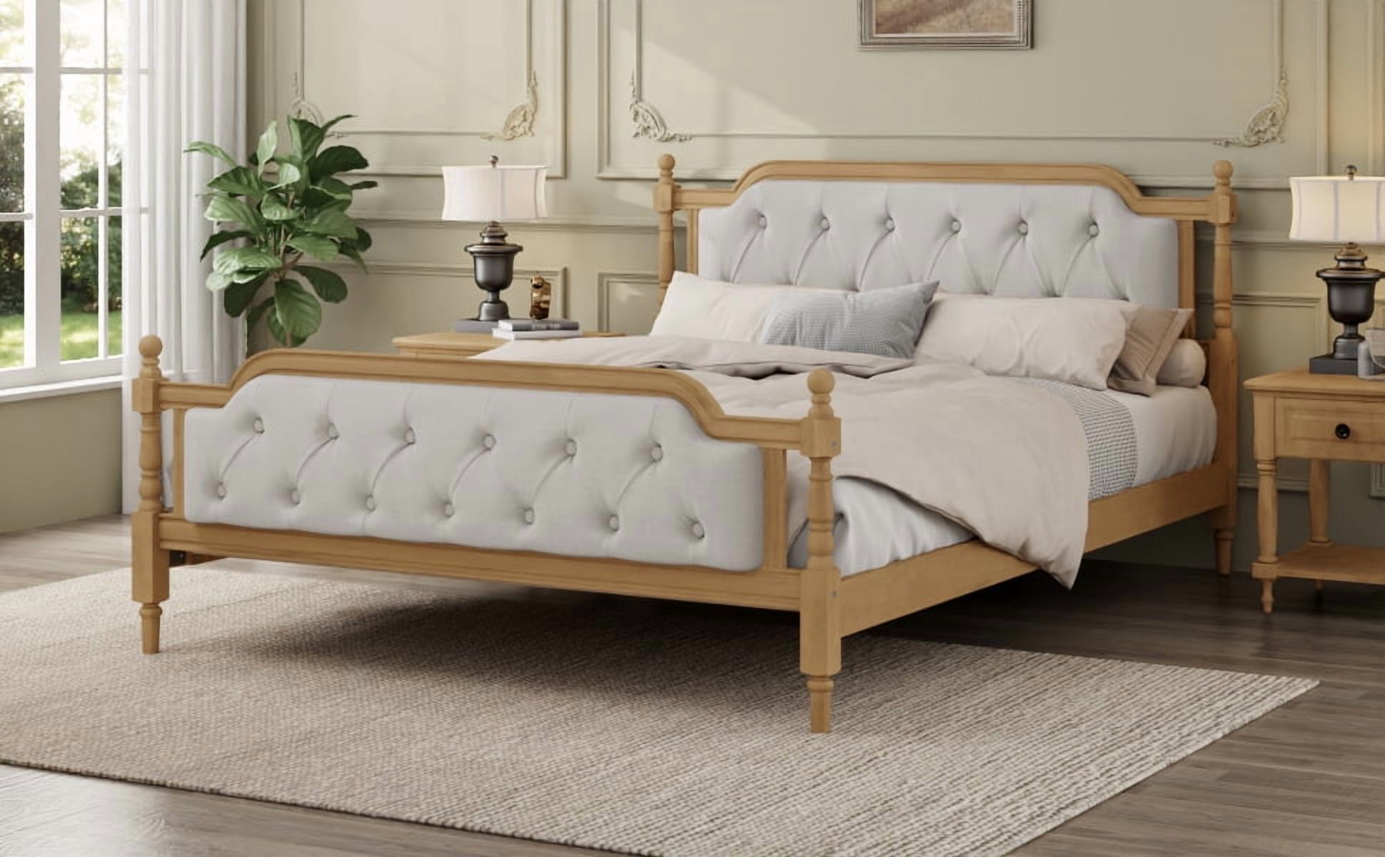 MAYEERTY King Traditional Solid Wood Bed Frame Upholstered Tufted Headboard for Bedroom Walnut