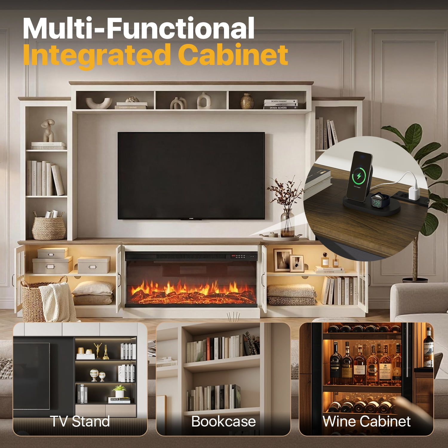 Sonegra 98" Farmhouse Entertainment Center with 36" Fireplace, TV Stand, Bookshelf, Cabinet, Fits TVs up to 75", Media Console with Power Outlets and Barn Doors for Living Room, White
