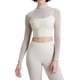 thumbnail image 3 of Hotfiary Camisetas de entrenamiento para mujer, camisetas cortas de manga larga con malla transparente acolchadas para Yoga, camiseta atlética para correr, gimnasio, cuello simulado, corte ajustado, 3 of 4